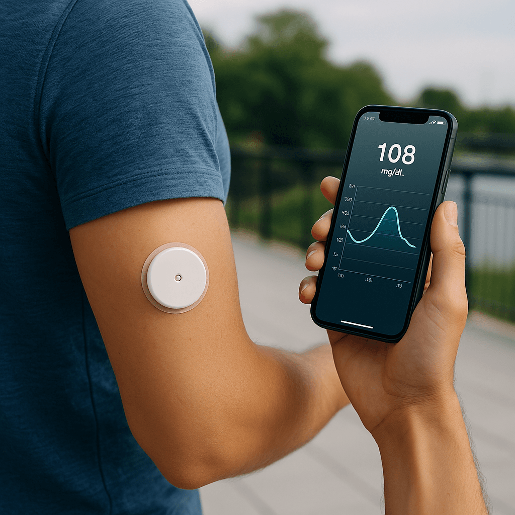 A Glyzen sensor worn on the upper arm, with glucose readings shown on a phone.